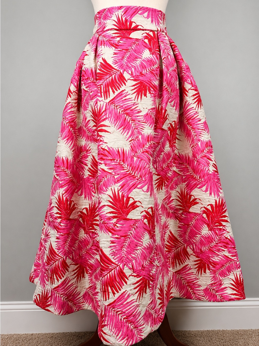 Suzannah London Remy 50’s Jacquard Midi Skirt Pink Palm Print US 10 UK 14 - Picture 1 of 11